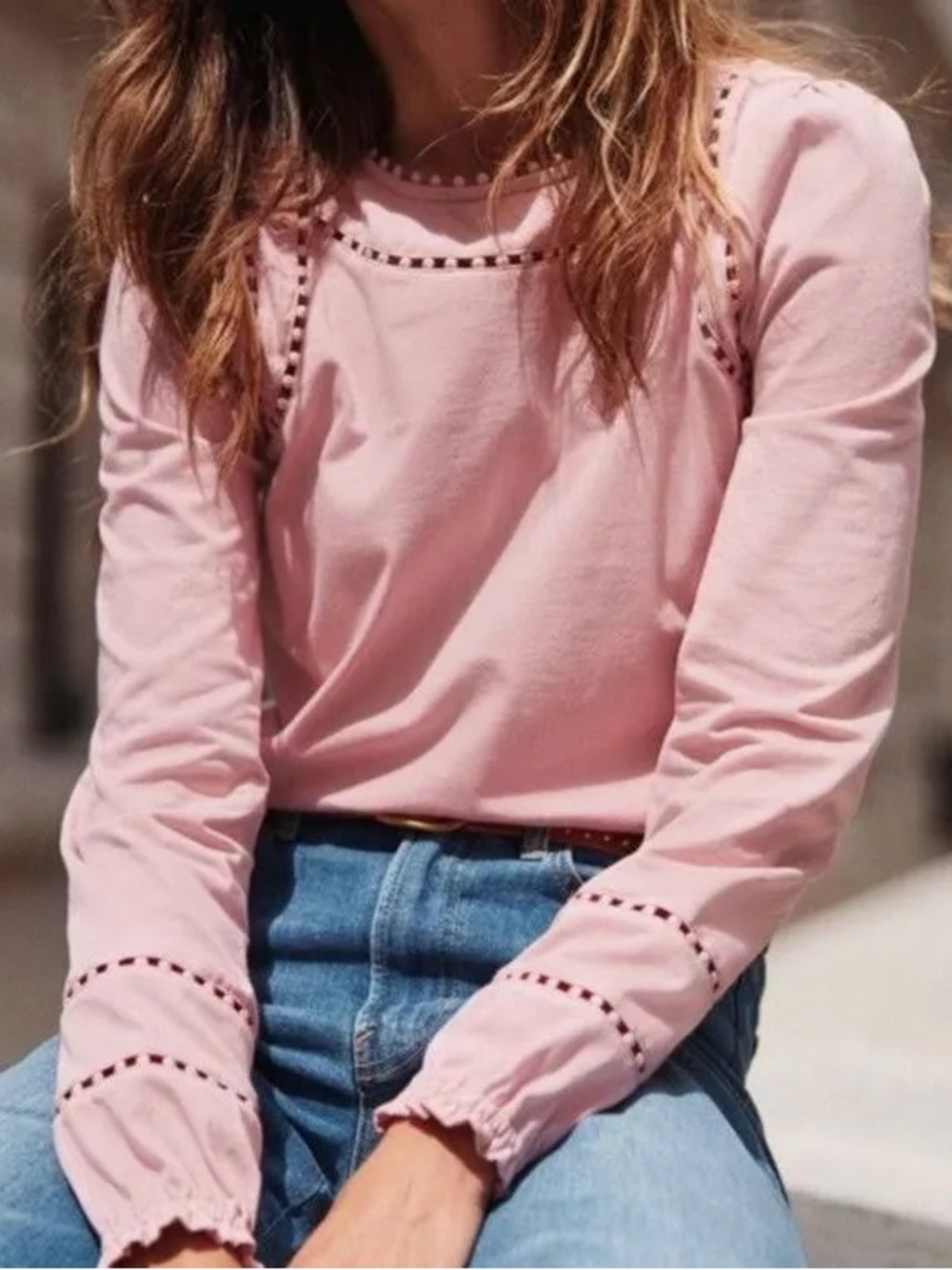Boden Mila Long Sleeve Top Pink Pom Pom Trim Keyhole Back Cotton Size US 10